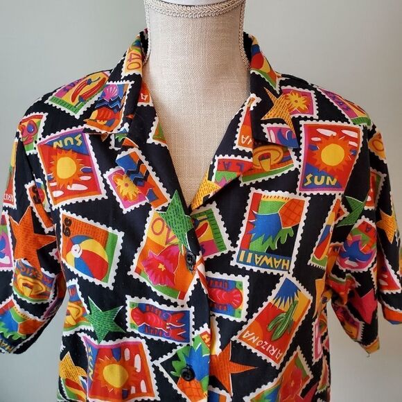 Charles Scott Vintage Women’s Short Sleeve Shirt Shoulder Pads Size M Vibrant - Picture 2 of 6